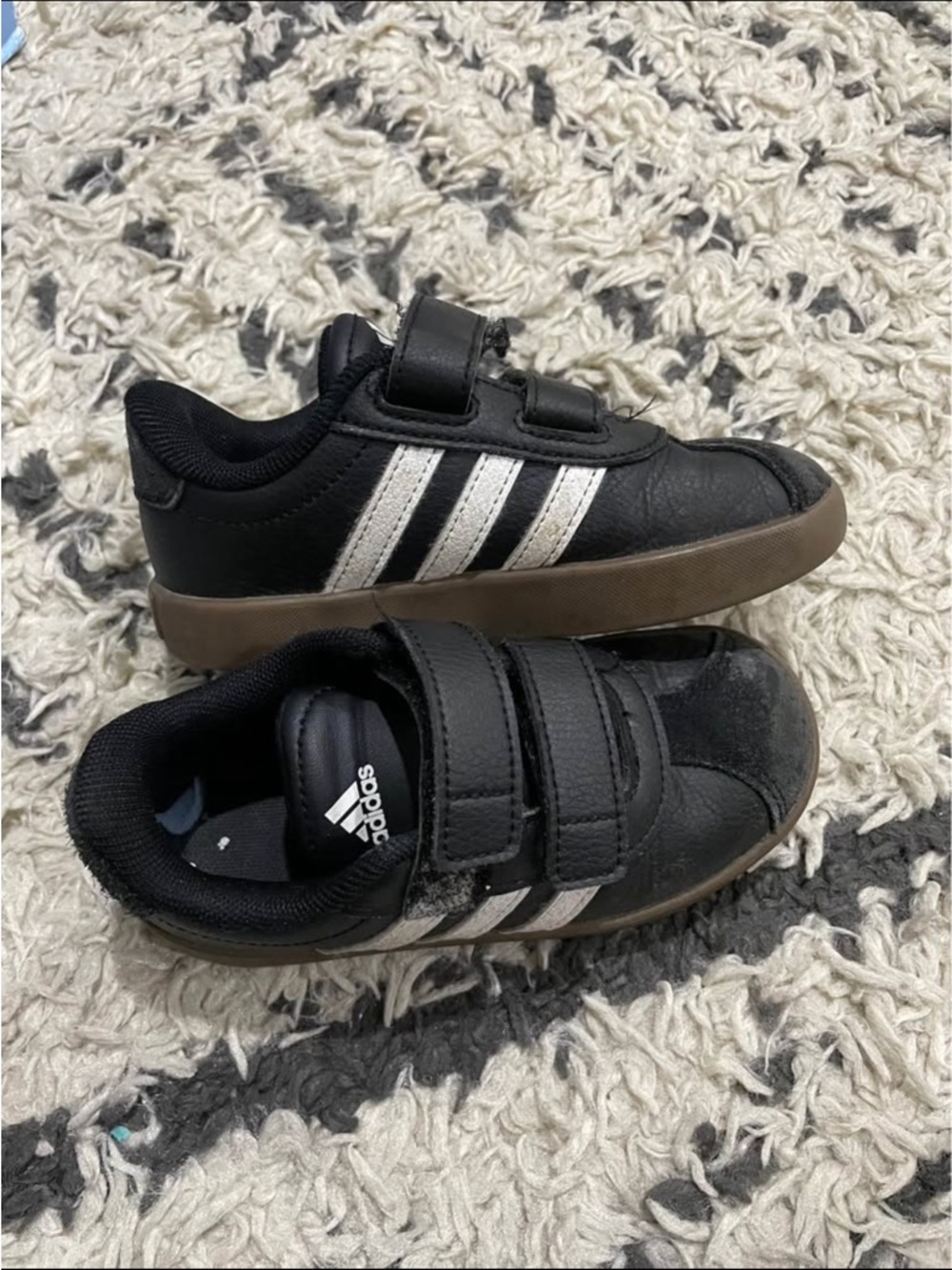 adidas Kids Black Sneakers with White Stripes and Brown Sole